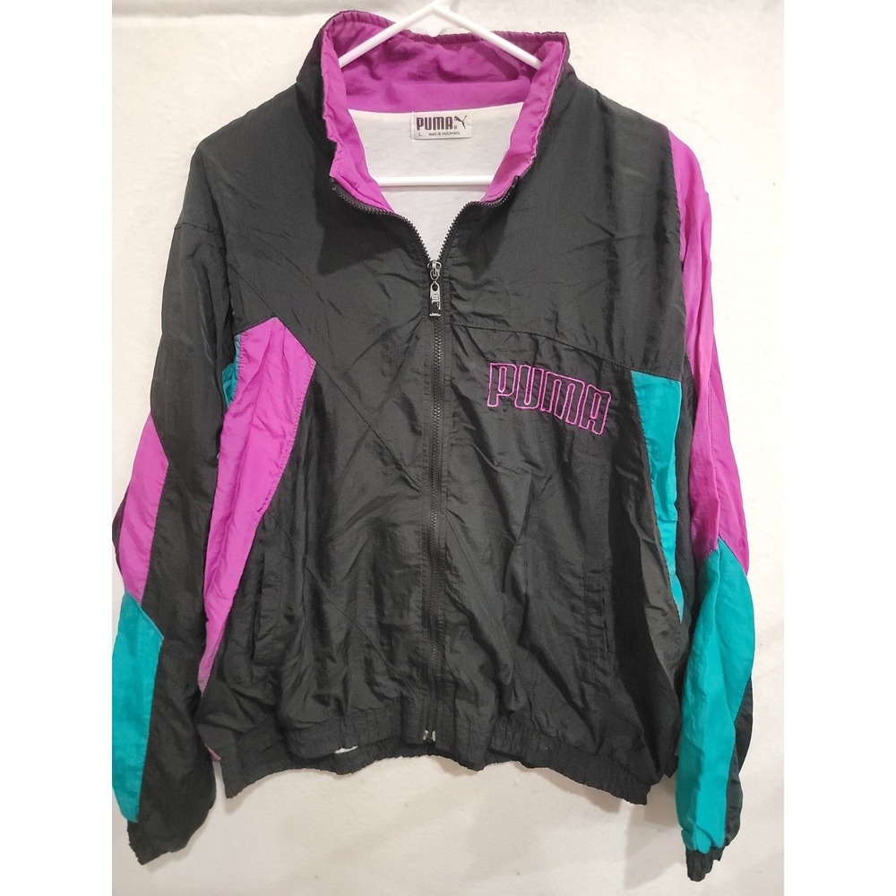 Vintage 90s Puma‎ Windbreaker Jacket Men's Large Colorblock Black Pink Teal Y2K